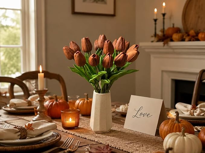 Mandy's 20pcs Artificial Burnt Orange Tulips | 13.5 Inch Lifelike PU Tulips - Image 5