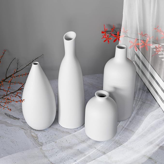 White Ceramic Vase Set of 4, Modern Farmhouse Decorative Vases - Image 6