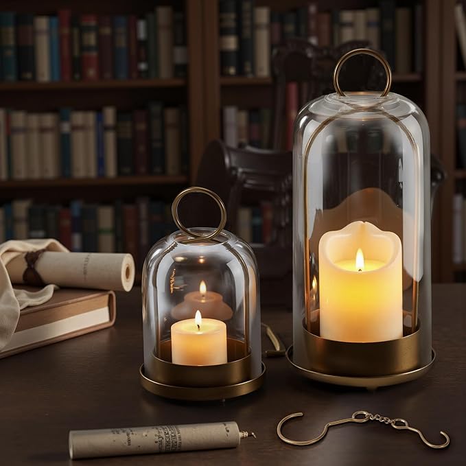 Hurricane Glass Candle Holders, Large & Medium Brass Lanterns Hurricane - Image 2
