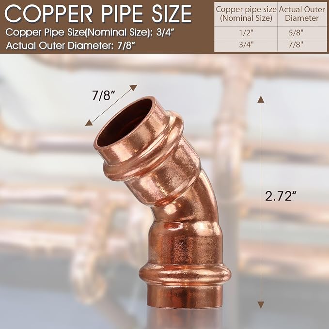 Copper Press Fittings 3/4 inch, 12PKCopper Coupling 45 Degree Elbow Coupling | - Image 2