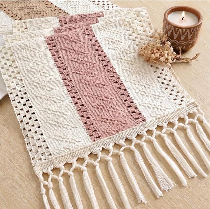 Boho Table Runner with Tassels for Home Decor 12x72 Inches Pink | 72 Inches by FEXIA