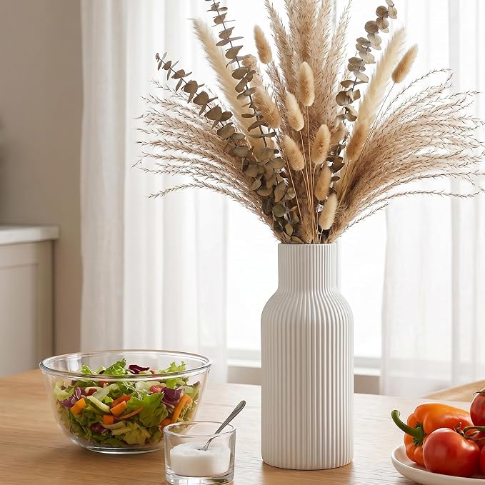 White Ceramic Vase, Modern Matte Ribbed Flower Vase - Image 6