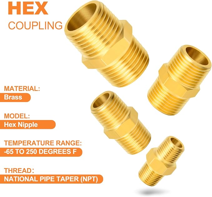 GASHER 8PCS Brass Pipe Fitting Hex Nipple Kit 1/8 inch 1/4 inch 3/8 inch 1/2 - Image 5