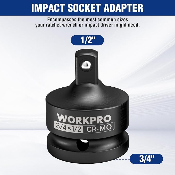 WORKPRO CR-MO 3/4F to 1/2M Impact Socket Adapter, Square Drive Reducer | CR-MO - Image 2