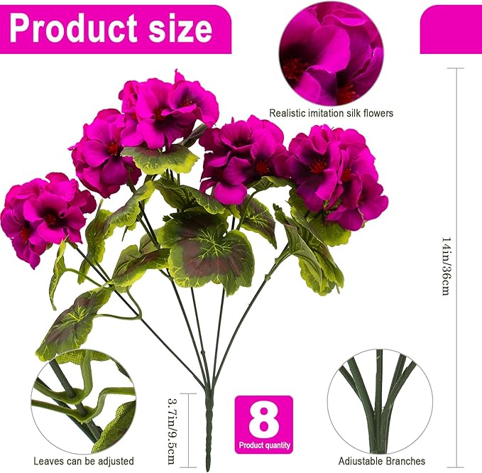 lovemoon 8 Pcs Artificial Geranium Plant Realistic Silk Flowers - Image 2
