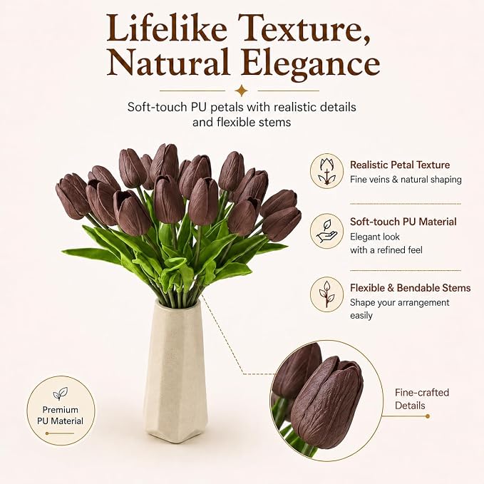 Mandy's 20pcs Artificial Brown Tulips | 13.5 Inch Lifelike PU Tulips Faux - Image 2