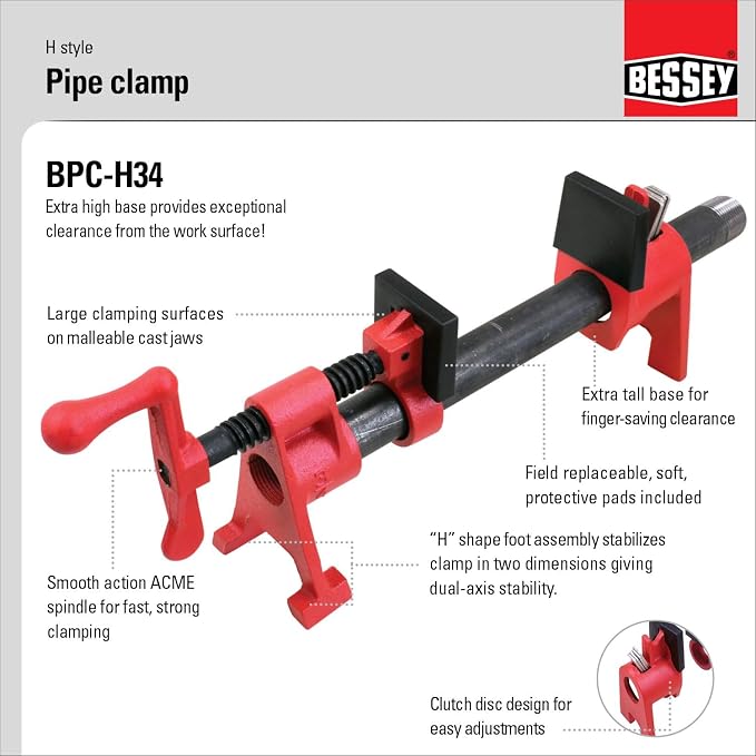 Bessey BPC-H34, 3/4-In. H Style Pipe Clamps - Image 3