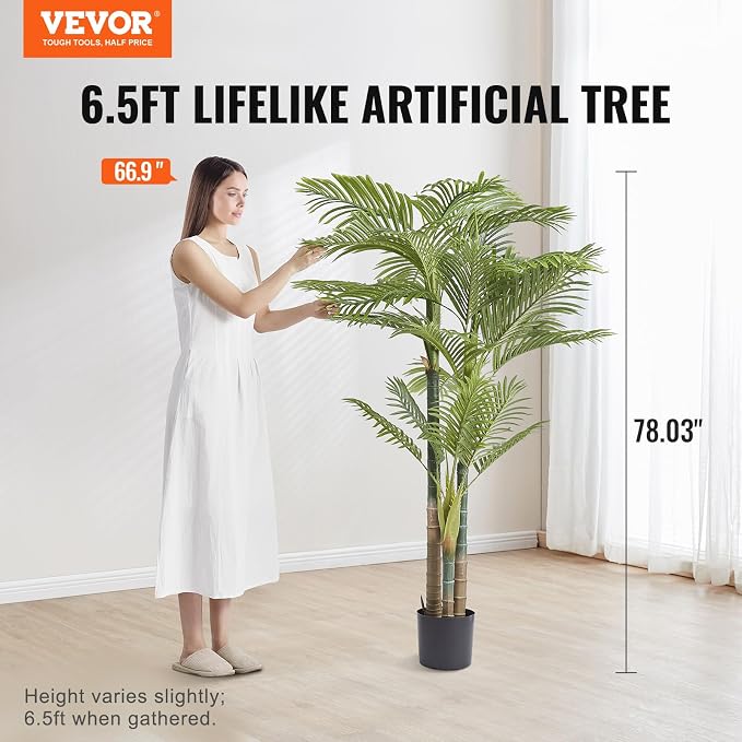 VEVOR Artificial Golden Cane Palm Tree, 6.5 FT Tall Faux Plant, PE Material & - Image 2