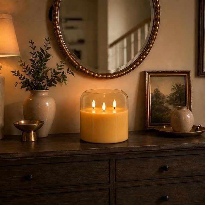 Homemory Amber Large Glass Flameless LED Candle, 3 Wicks, Remote Timer | 6"x6" - Image 7