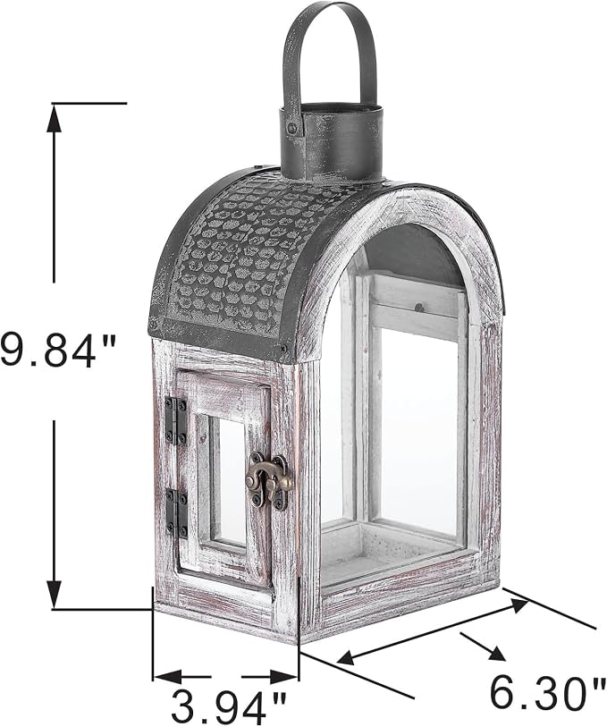 11" High Farmhouse Decorative Lanterns, Glass and Metal, Distressed White Wood - Image 2