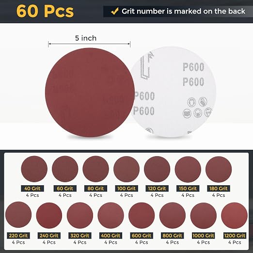 HARFINGTON 60Pcs 5Inch Sanding Disc Hook & Loop Sandpaper Aluminum Oxide | - Image 2