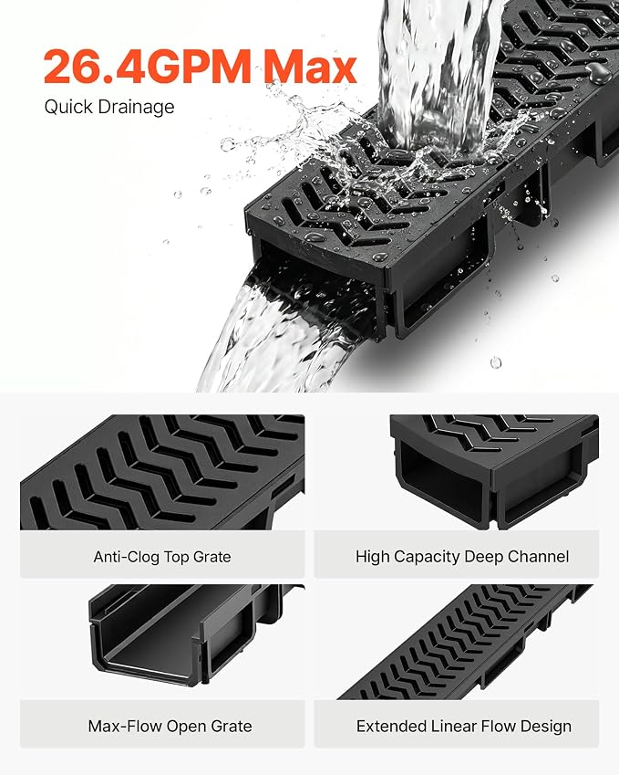 VEVOR Trench Drain, 39.6 x 4.1 x 2.4 in, 5 Pack Linear Drainage Channel - Image 3