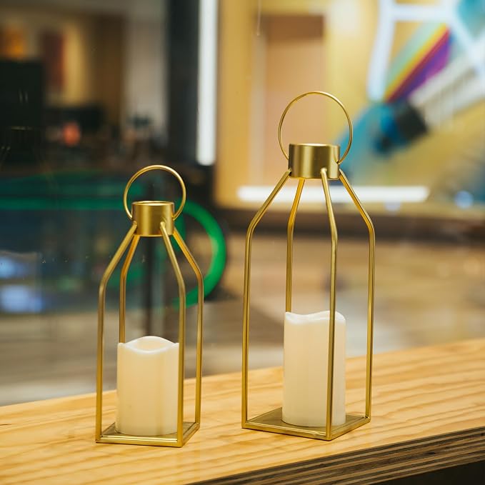 HPC Decor Modern Farmhouse Lantern Decor- Gold Metal Candle Lanterns - Image 2