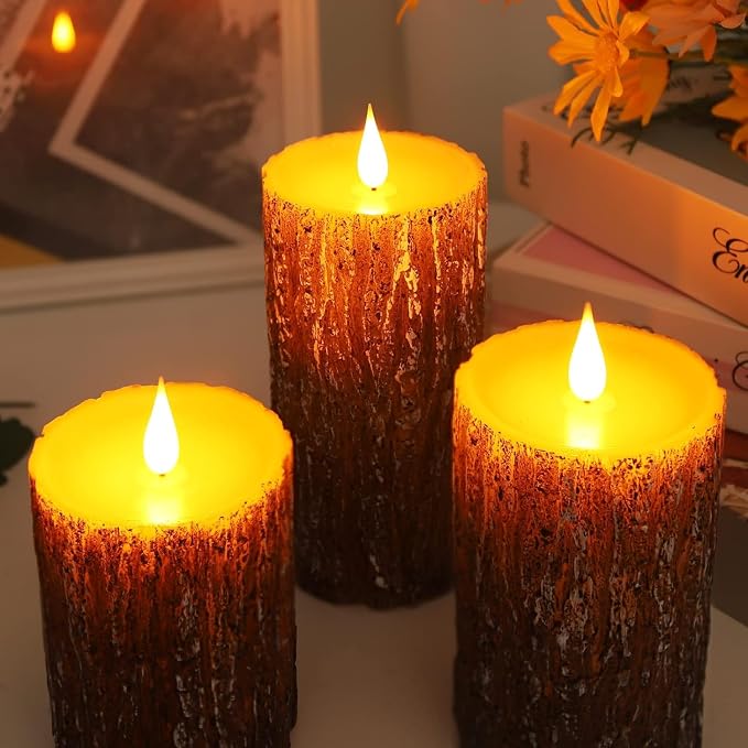 AKU TONPA Pine Bark Effect Flameless Candles Battery Operated Pillar Real Wax - Image 7