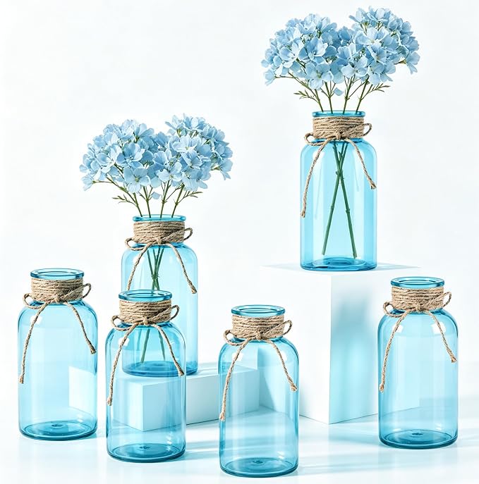 6 Pack Mason Jar Vases for Centerpieces, Aqua Blue Glass Flower Vase | Vintage by LEYIQU