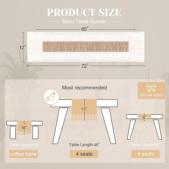 Boho Table Runner for Fall Home Decor 12x72 Burlap - Image 3