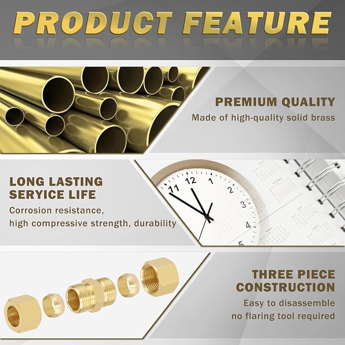 5/16" OD x 1/4" NPT Male Brass Compression Union Fitting, 10 Pack Straight Tube - Image 3