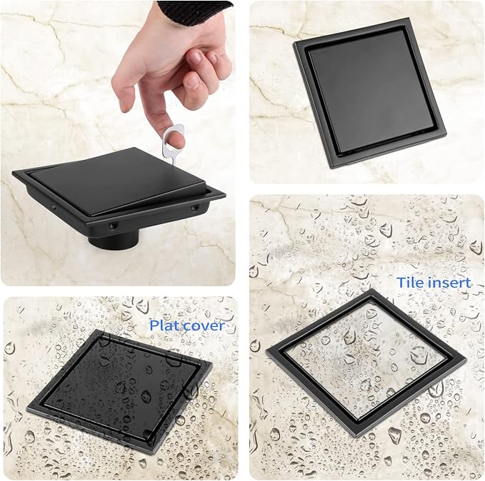 6 Inch Shower Drain Tile Insert Matte Black, Stainless Steel Square Floor Drain - Image 4