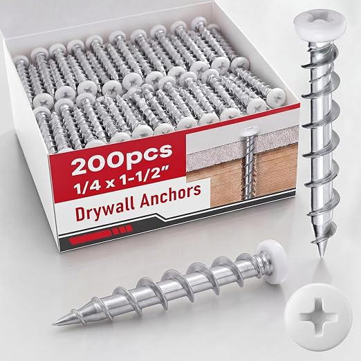 Blulu 200 Pcs Drywall Anchors 1/4 x 1-1/2 Inch Pan Head Alloy Steel Light Wall by Blulu