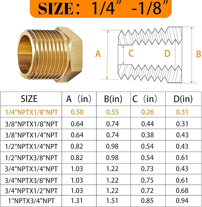 2 Pcs Brass Bushing 1/4" Male to 1/8" Female, 1/4 Brass Fitting to 1/8 NPT - Image 2
