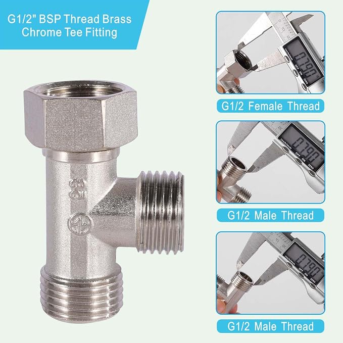 1/2" Chrome Brass Tee, Brass Chrome 3-Way Shower Diverter Valve | 1/2" Male x - Image 4