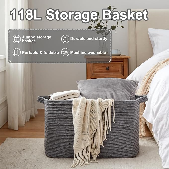 OIASKET 118L Extra Large Blanket Basket, 24.8" x 17.7" x 17.2" Woven Storage - Image 6