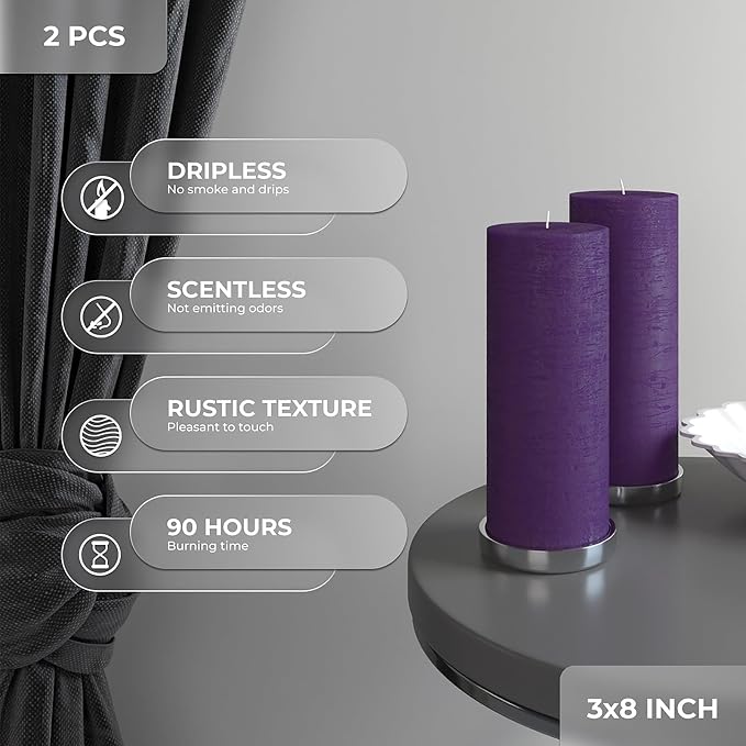 Purple Pillar Candles 3x8 Inch – Set of 2 Unscented Dripless Large Candles - Image 4