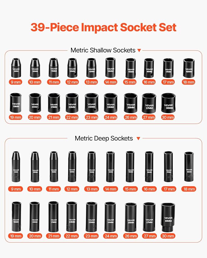VEVOR 39-Piece Impact Socket Set 1/2" Drive, Metric Size, Deep & Shallow - Image 3