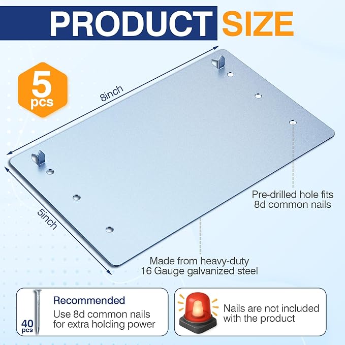5 Pcs 5" x 8" Nail Stopper Plate 16 Gauge Self Nailing Stud Protector Galvanized - Image 2