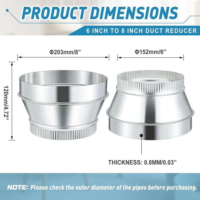 1 Pcs 8 Inch to 6 Inch Duct Reducer Increaser | Galvanized Steel Air Duct - Image 2