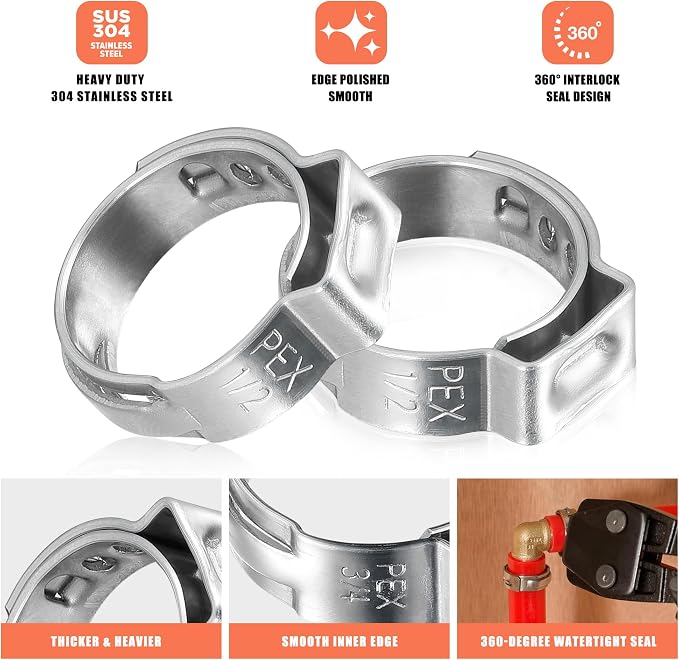 100PCS Pex Crimp Rings Assortment, 2 Sizes Heavy Duty 304 Stainless Steel Pex - Image 3