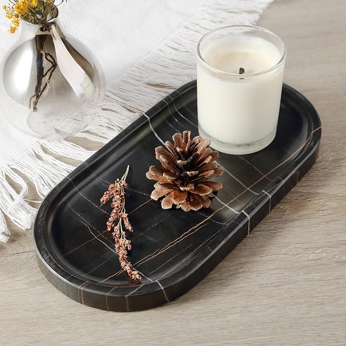 Black Marble Vanity Tray for Bathroom Countertop, Stone Jewelry Dish Candle - Image 5