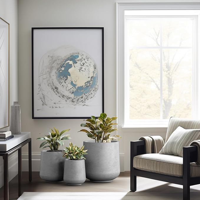Kante Set of 3 Pale Gray Concrete Curved Planters 16.5" 13" 9.4" Dia | Drainage - Image 5