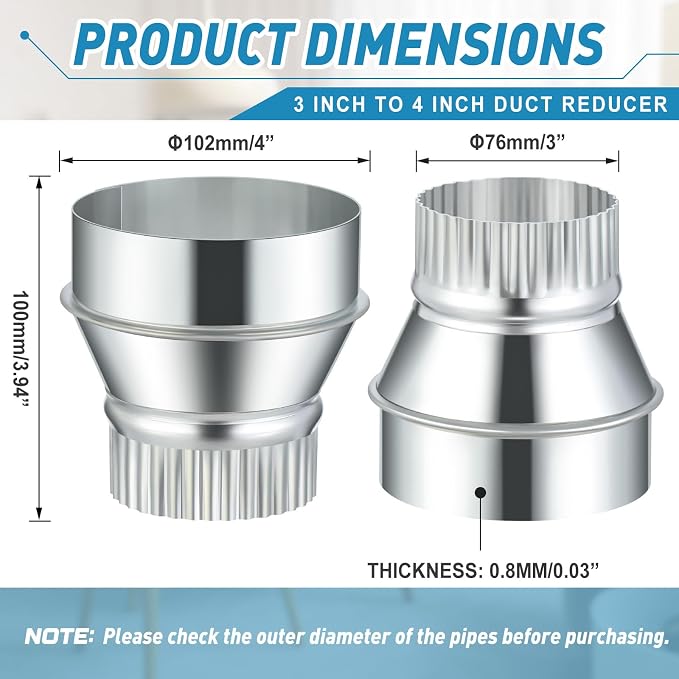 1 Pcs 4 Inch to 3 Inch Duct Reducer Increaser | Galvanized Steel Air Duct - Image 2