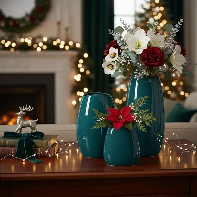hjn Ceramic Vase Set of 3 Teal Flower Vase - Image 7