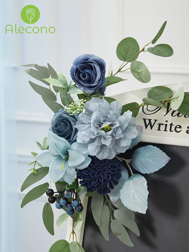 Alecono Dusty Blue Artificial Flowers, Silk Fake Roses Floral Set | - Image 2