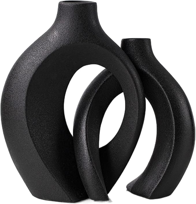 Black Hollow Ceramic Vase Set of 2, Snuggle Round Boho Donut Modern Vase Nordic by 100hand-madeworks