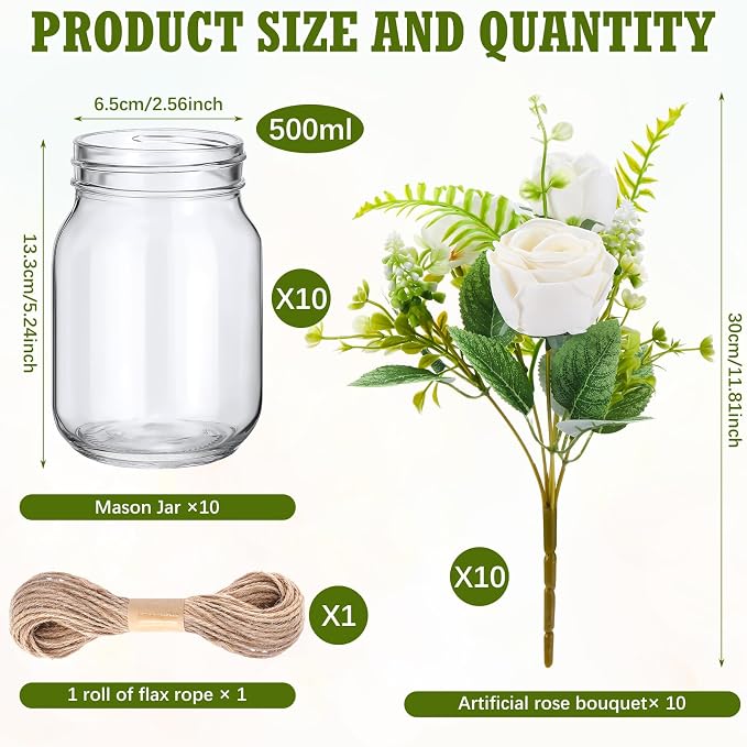 XunYee 10 Set Mason Jars for Centerpieces, Rose | Mason Jar Flower Vases - Image 2