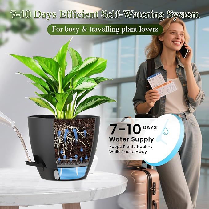 Self Watering Pots with Drainage Holes, 2 Pack 8 Inch Plant Pots with Water - Image 4