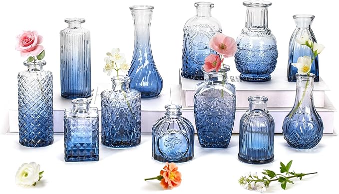 Clear Gradient Blue Glass Bud Vase Set of 12 Pcs, Small Bud Vases in Bulk by JXINDUJU