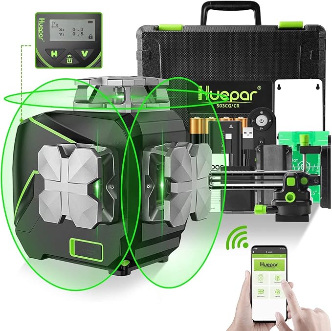 Huepar Laser Level 360 Self Leveling, S03CG 3x360° Green 3D Cross Line Laser by Huepar