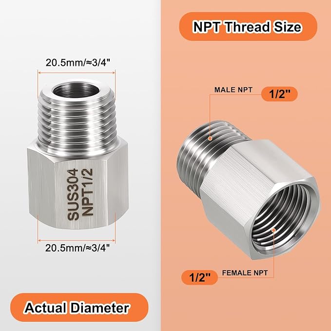 1 Pack 304 Stainless Steel FeMale to Male Adapter, 1/2" FeMale NPT x 1/2" Male - Image 2