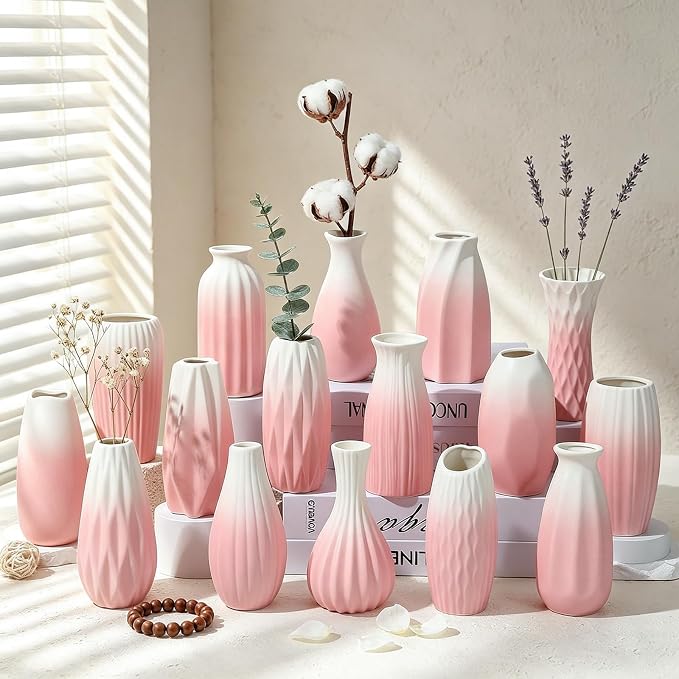 BEAHOT Ceramic Bud Vases Set of 16 – Gradient Pink and White Mini Vases by BEAHOT