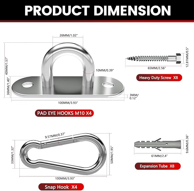 304 Stainless Steel Pad Eye Snap Hook, M10 Ceiling Hook 1700Lb, Yoga Gym - Image 4