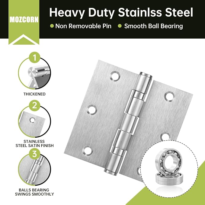 3 Pack Door Hinges 3.5 x 3.5 Inches, Heavy Duty Stainless Steel Ball Bearing - Image 3