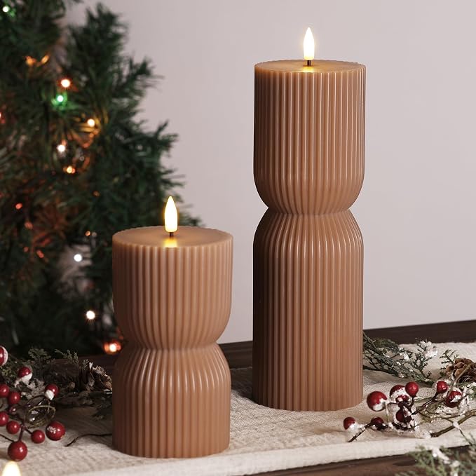 Brown Ribbed Fall Flameless Pillar Candles - Image 8