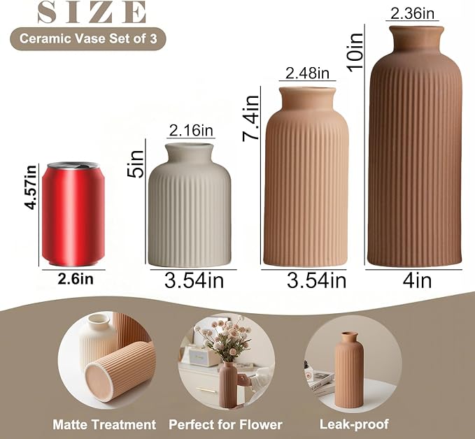 Large Modern Ceramic Vase Set, Coffee Ribbed Matte Design, 3-Piece Decorative - Image 7