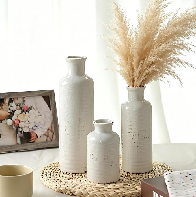 White Ceramic Vase Set of 3, Rustic Vase - Image 5