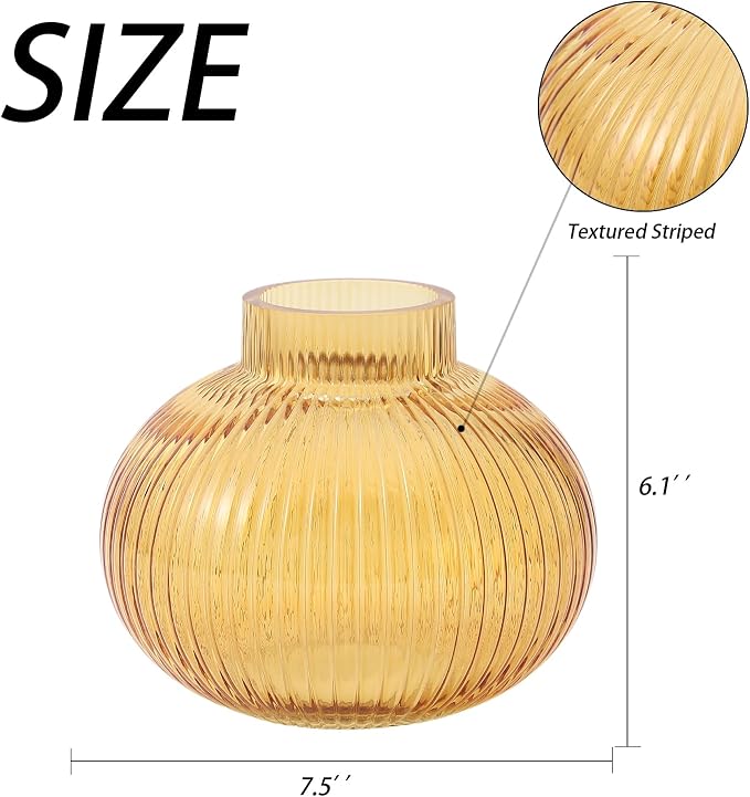 Amber Glass Vase for Tulips, Ribbed Glass Vase for Flowers, Round Flower Vases - Image 7