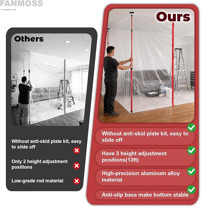 10FT Dust Barrier Poles Kit, Spring Retractable Isolation Support Poles - Image 5